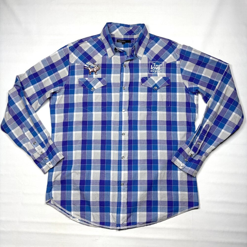 Tin Haul Mens L Blue Plaid Pearl Snap Western Shirt Laser Eye Cat Embroidered